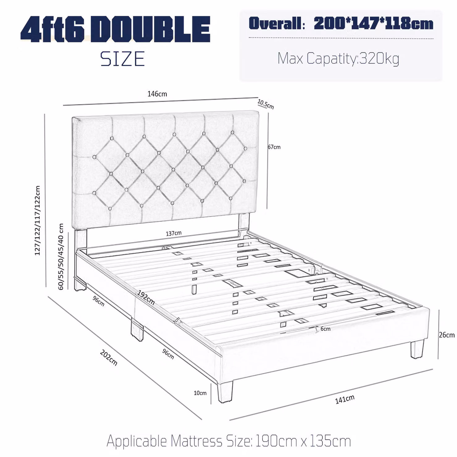 FURNITURE ONE Grey Upholstered Platform Bed Frame with Adjustable Button Tufted Headboard, W/D/H: 180 x 200 x 118 cm – 4