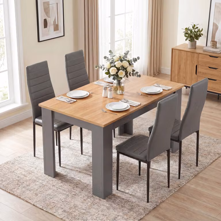 DHS Modern Rectangular Dining Table and 4 Chairs Set in Grey, Black and White