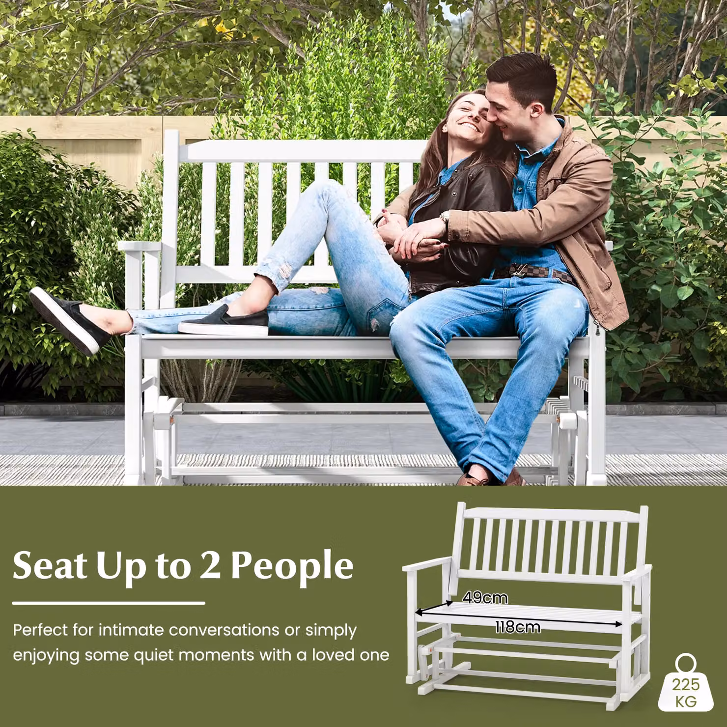 Costway 2 Seater Outdoor Glider Bench in White Poplar Wood with Armrests – 3
