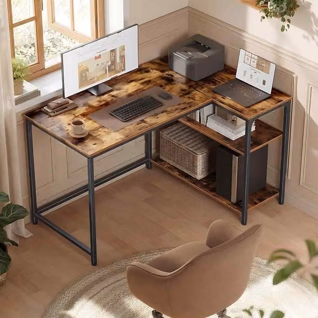 The Bazaarist L Shaped Corner Computer Desk with Adjustable Shelves in Rustic Brown
