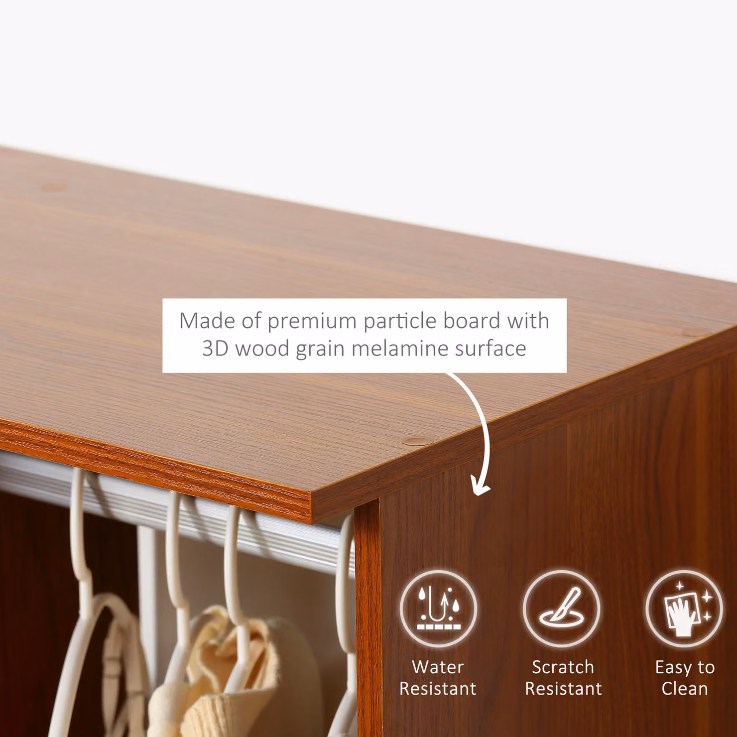 HOMCOM Rolling Open Wardrobe with Hanging Rail and Storage Shelves in Brown – 7