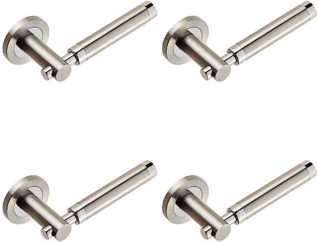 Loops 4 Pair Sectional Round Bar Lever Door Handle with Concealed Fix Round Rose in Polished Silver Stainless Steel