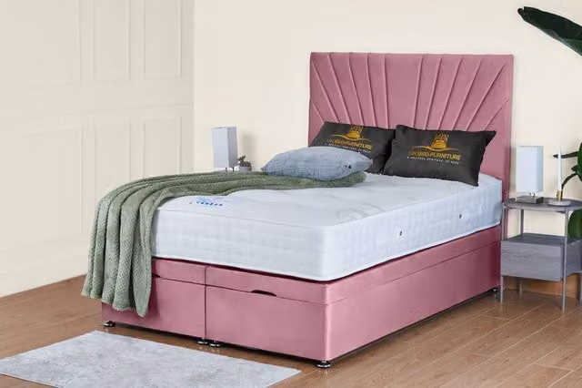 UK Bed Furniture Sunrise End Lift Divan Ottoman Bed with 54 Inch Headboard in Pink Velvet, W/D/H: 140 x 200 cm – 1