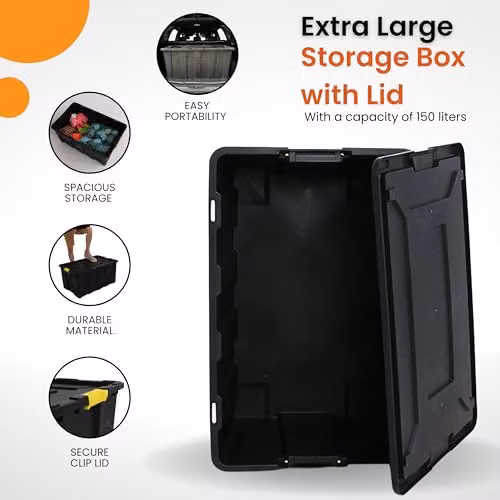 NOVECRAFTO Heavy Duty Plastic Storage Box with Lid and Handles, Black and Yellow, W/D/H: 58.0 x 42.0 x 58.0 cm – 2