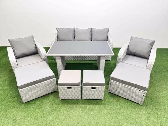 Fimous 9 Seater Patio Garden Furniture Set with 4 Stools in Light Grey Rattan and Metal