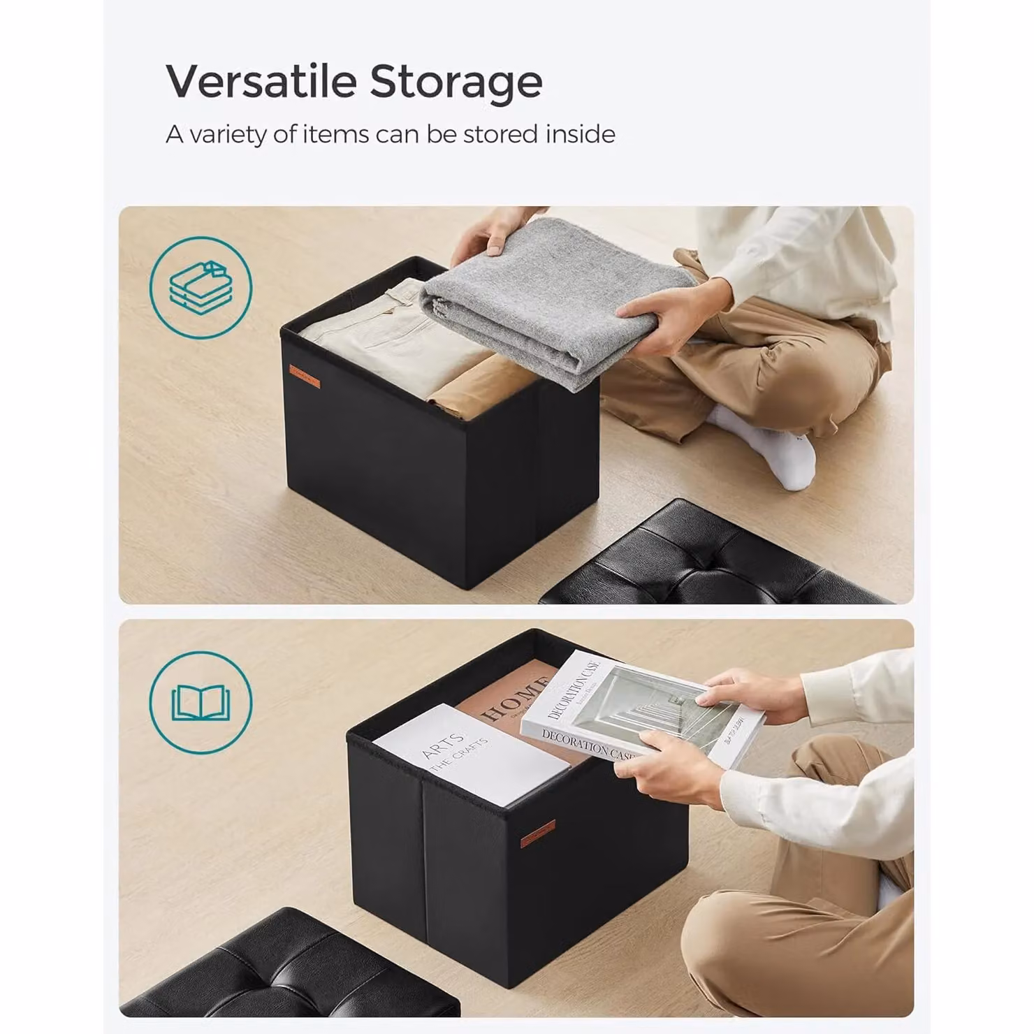 SONGMICS Small Cube Foldable Storage Ottoman and Foot Rest in Black Synthetic Leather – 4