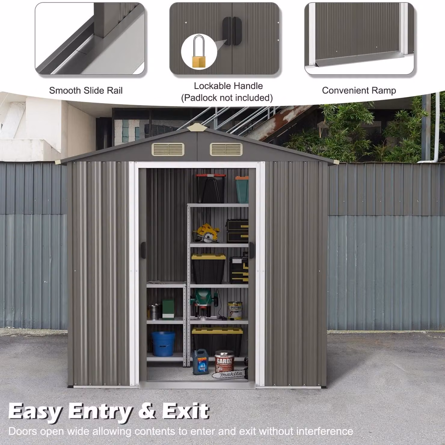 Costway Grey Galvanised Steel Outdoor Storage Shed with Lockable Sliding Door – 6