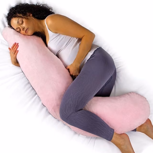 Aamira L-Shaped Memory Foam Pregnancy Pillow in Pink and Grey Velvet