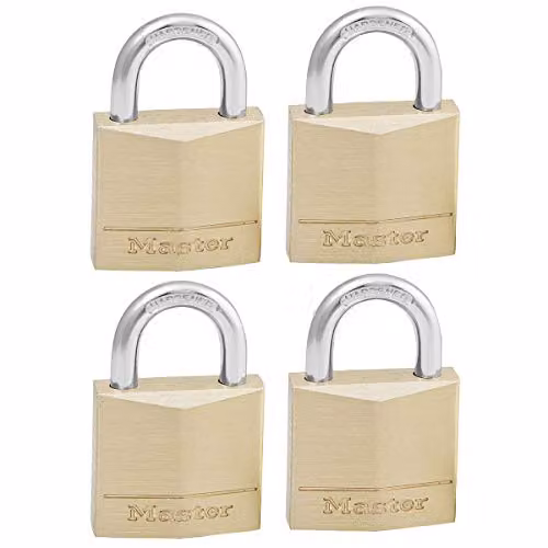 Master Lock Pack of 4 Gold Brass Key Padlocks, W/D/H: 4.9 x 3 x 1.2 cm