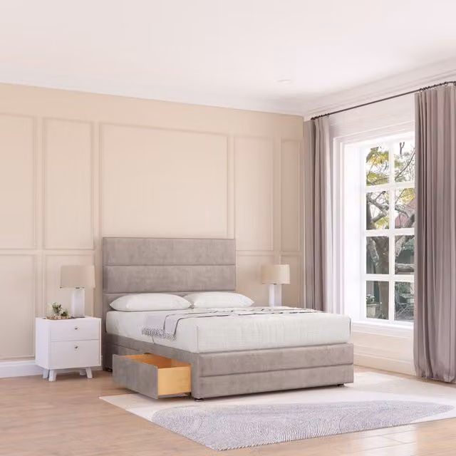 Sloomy Monaco Upholstered Bed Frame with 2 Drawers and Headboard in Beige, W/D/H: 120 x 200 cm