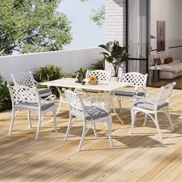 Breeins Vintage 6 Seater Metal Garden Patio Table and Chair Set with Cushions, White