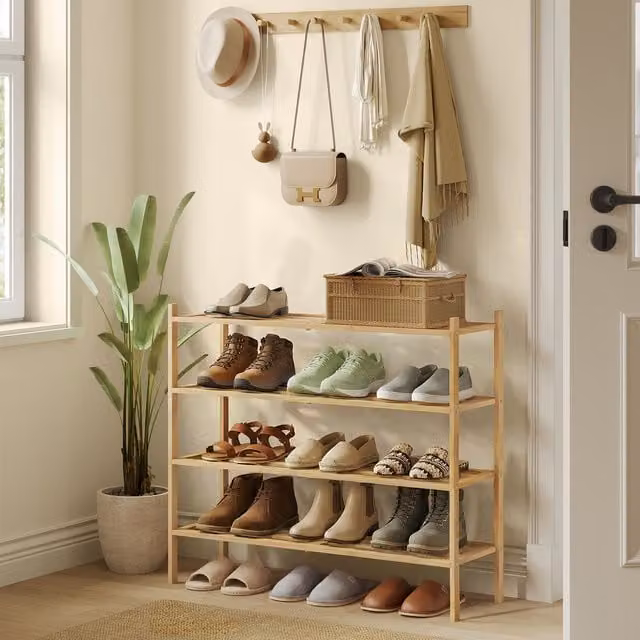 SONGMICS 4 Tier Bamboo Shoe Rack, Beige