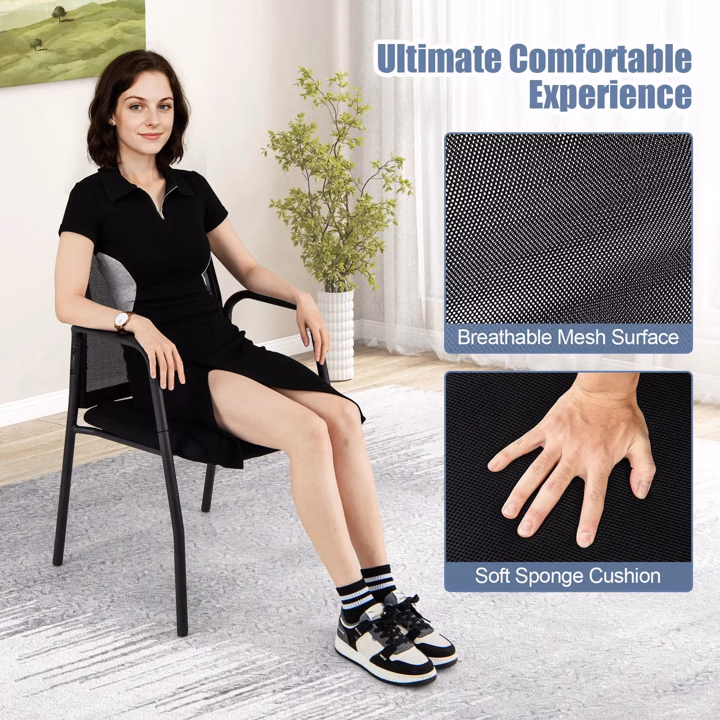 Costway Set of 2 Black Mesh Office Guest Chairs with Cushioned Fabric Seats and Armrests – 6