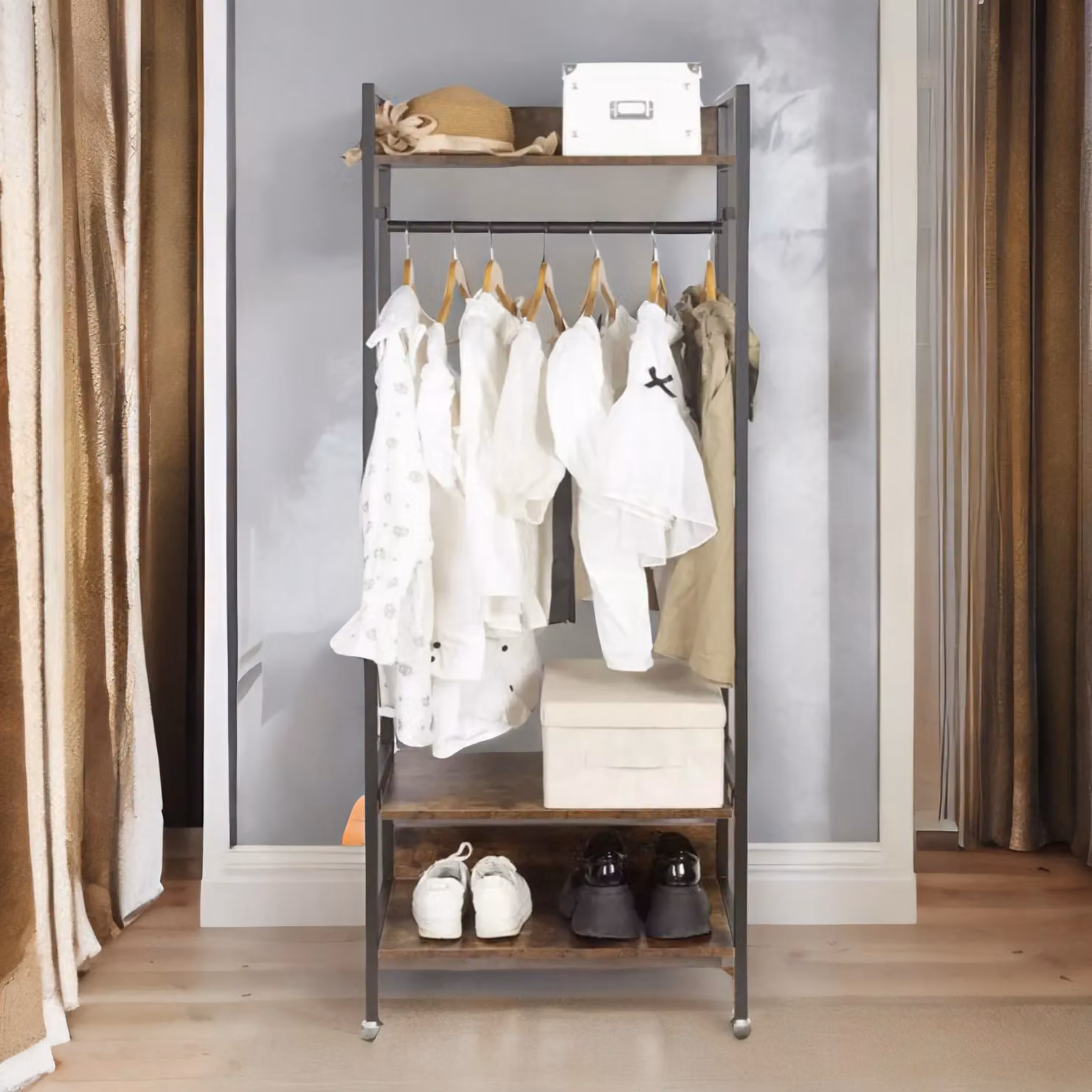 Pirlo Plush Industrial Rustic Open Wardrobe Garment Rail with Storage Shelves in Brown – 2