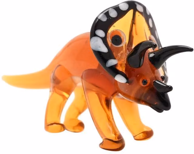 Objets d'Art Miniature Glass Triceratops Figurine in Orange, Black and White