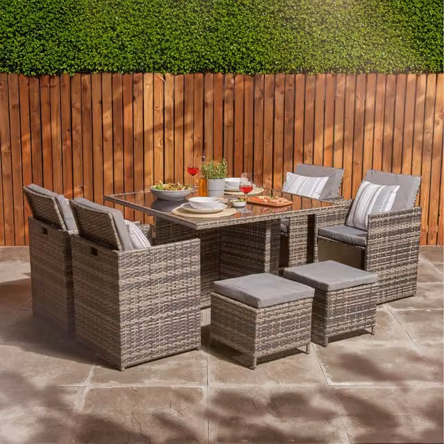 Home Treats Modern 8 Seater Grey Rattan Garden Dining Set with Aluminium Frame and Glass Top