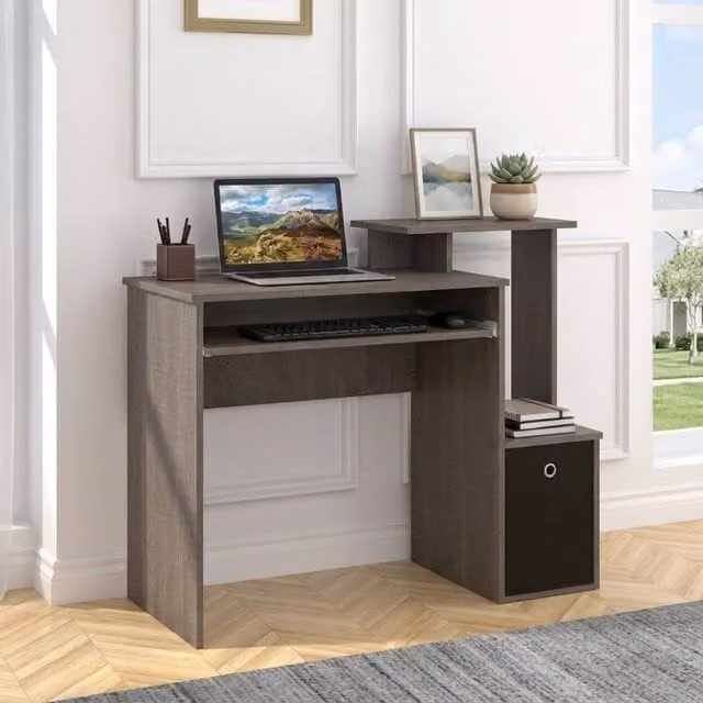 STILVORA Modern Grey Computer Desk with Keyboard Tray and Single Pedestal Drawer