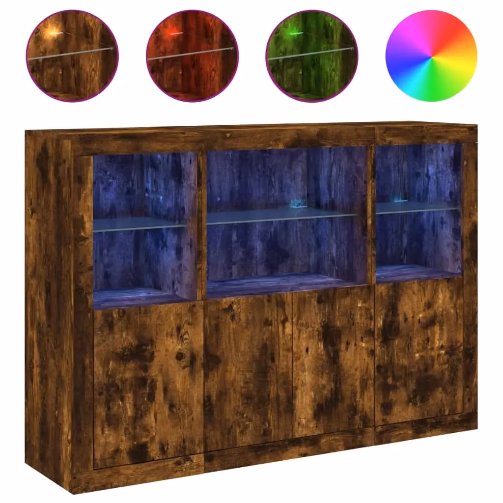 Berkfield Home Set of 3 Modern Sideboards with LED Lights in Smoked Oak Brown MDF – 2
