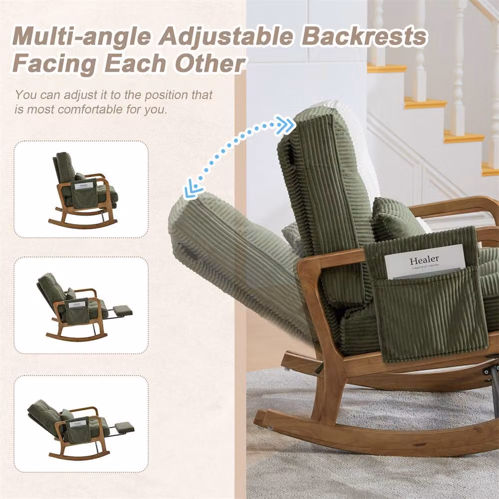Direct Wicker Corduroy Upholstered Rocker Glider Chair with Footrest and Side Pocket in Green – 3