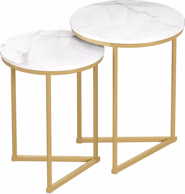HOMCOM Set of Two Modern Round Nest of Tables with White Marble-Effect and Gold-Tone Finish