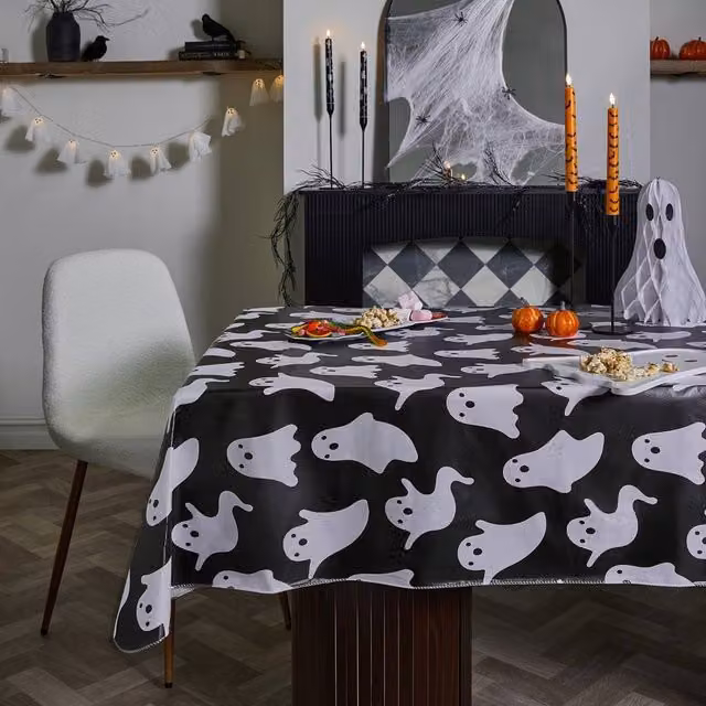 OHS Halloween Ghost Tablecloth in Black, Water Repellent PVC Table Protector