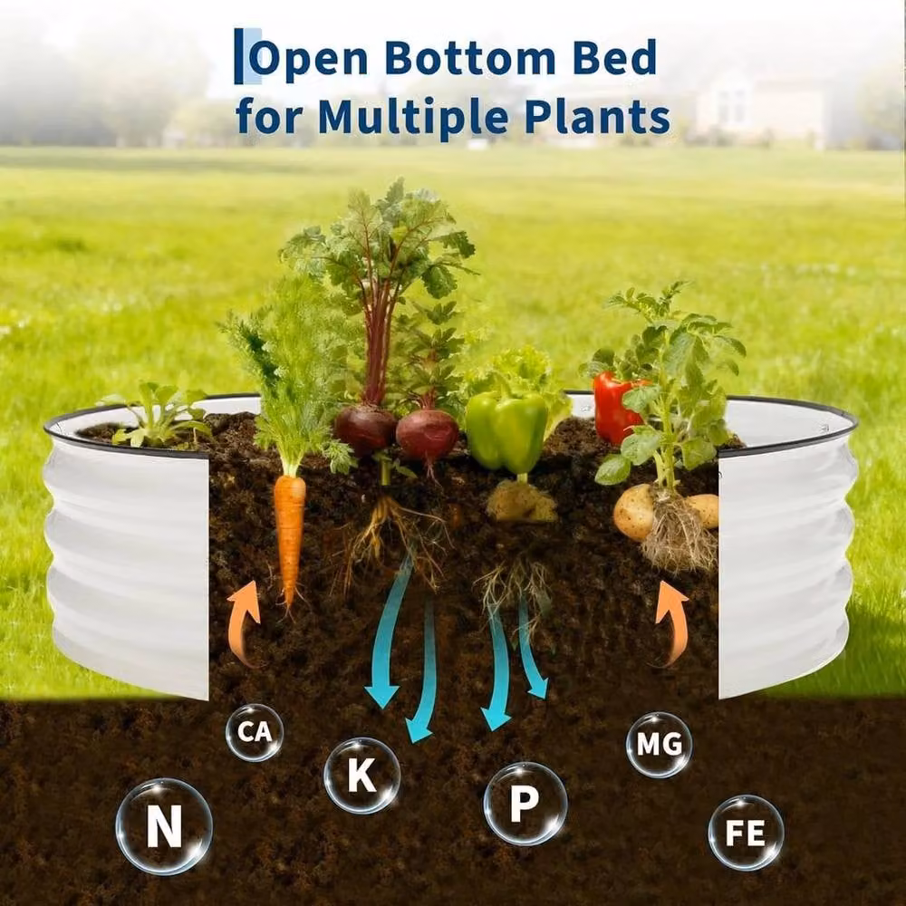 VOGREX Round Galvanised Steel Raised Bed Planter, White, W/D/H: 122 x 122 x 30 cm – 3