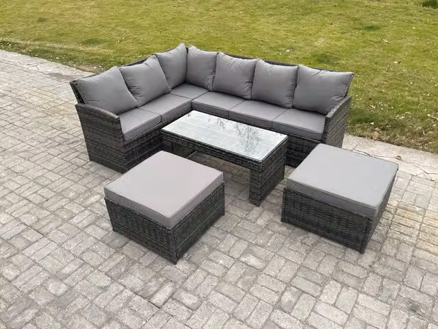 Fimous Rattan Garden Furniture Set with High Back Corner Sofa, Oblong Coffee Table and 2 Ottomans in Dark Grey