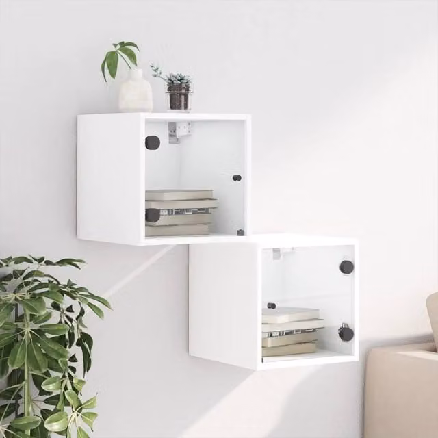 Berkfield Home Elegant Bedside Cabinets with Glass Doors, 2 Pieces, White, W/D/H: 35 x 37 x 35 cm