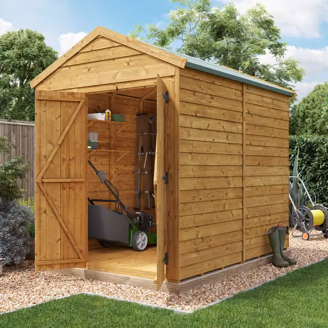 BillyOh Switch Overlap Apex Wooden Shed in Brown with Double Doors and Floor