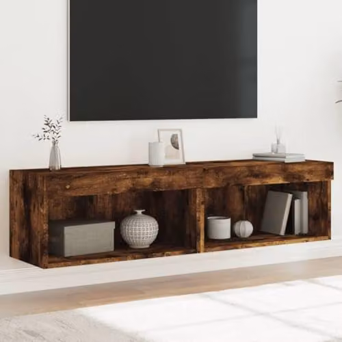 vidaXL Set of 2 Modern Wall Mounted TV Cabinets with Integrated LED Lights in Smoked Oak, W/D/H: 60 x 30 x 30 cm – 2