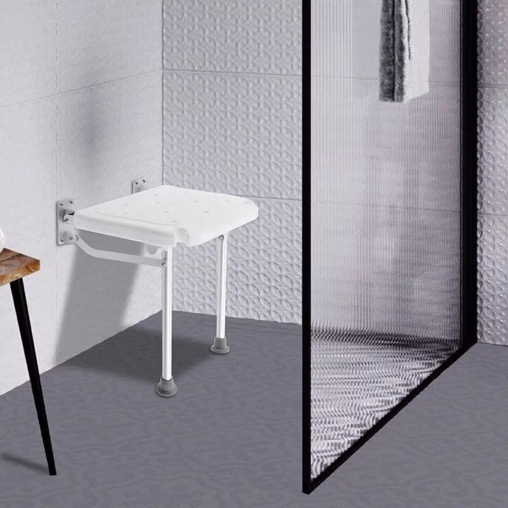 FORGEVIO Wall Mounted Folding Shower Seat in White with Non-Slip Plastic Seat and Metal Frame – 2