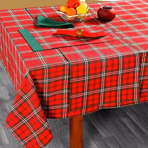 HOMESCAPES Christmas Cotton Rectangular Tablecloth in Red, White and Green Edward Tartan Check, W/D/H: 137 x 178 cm