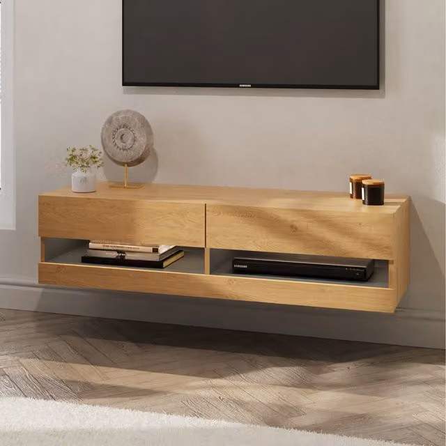 GFW Leon Minimalist Wall TV Unit with LED in Oak, Width: 120 cm