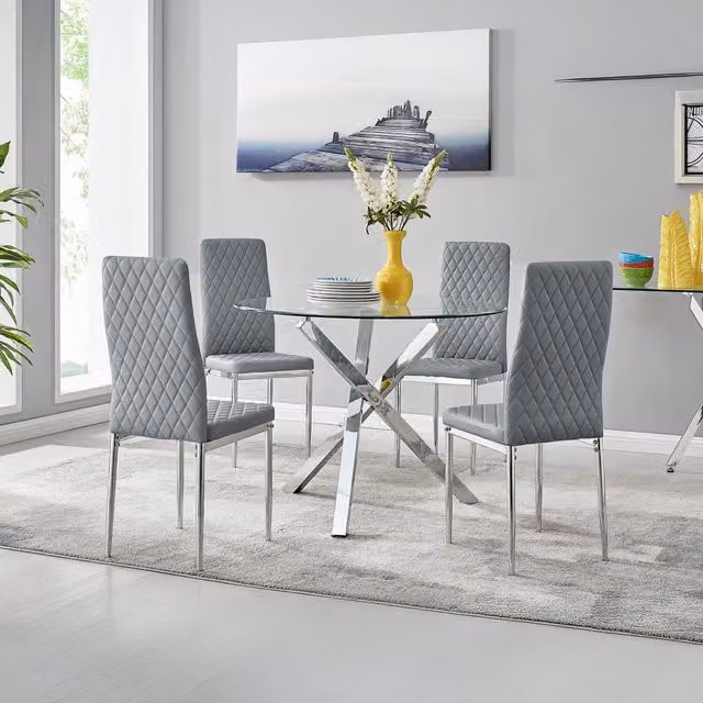 FurnitureboxUK Selina Chrome Round Glass Dining Table and Four Milan Chairs Set in Grey