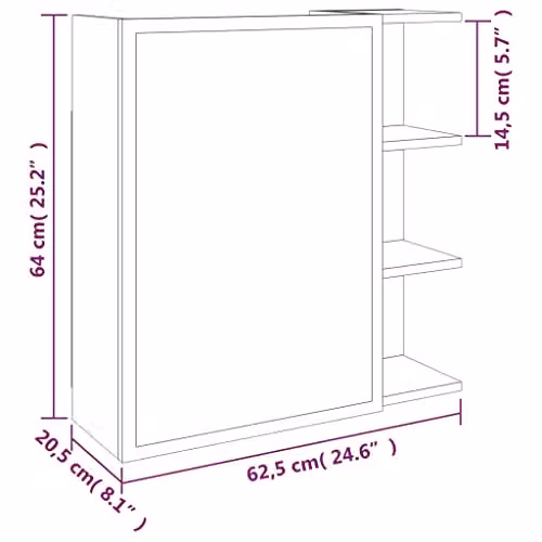 vidaXL Bathroom Mirror Cabinet in Smoked Oak, W: 62.5 cm, D: 20.5 cm, H: 64 cm – 3