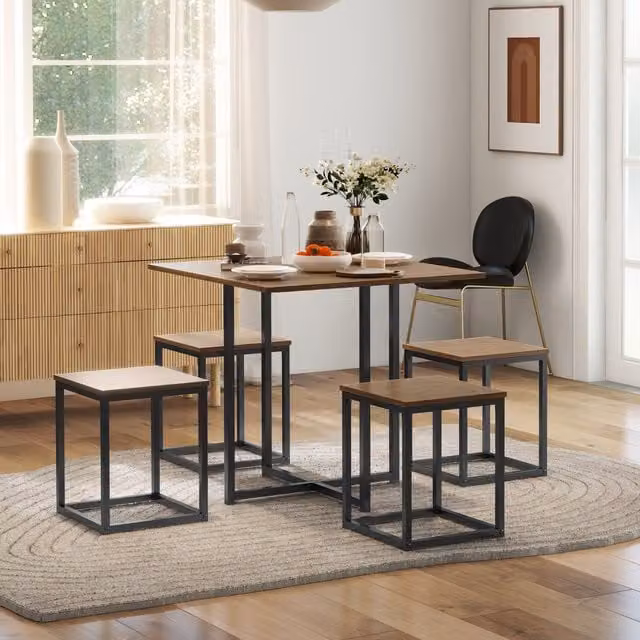 HOMCOM 5-Piece Compact Kitchen Dining Set with Square Wood Bar Table and Chairs in Light Brown