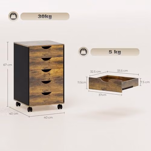 HOMCOM Rolling Vertical Filing Cabinet with Castors in Rustic Brown – 3