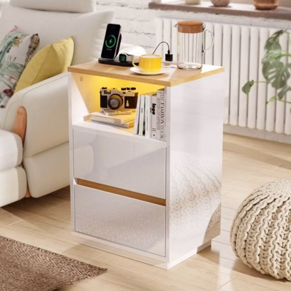 SPETLEK Large White Glossy 2 Drawer LED Bedside Table with Integrated Lighting and Charging Socket – 2