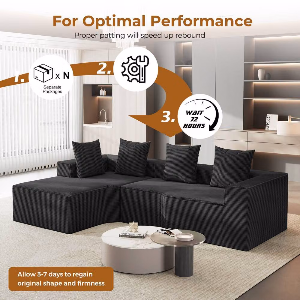 Dprodo Black Corduroy Left-Facing L-Shaped Modular Sofa with Scatter Cushions, Width: 320 cm – 4