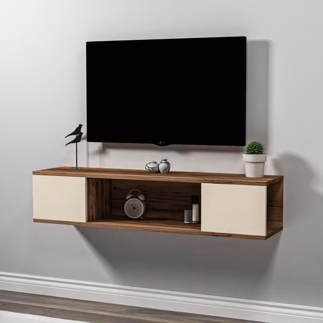 Destina Home Alfie Floating TV Stand with Shelves in Light Walnut and Black