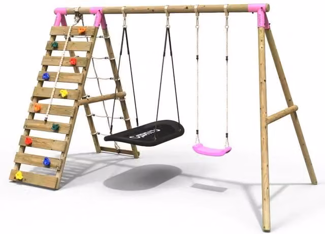 Rebo Wooden Double Swing Set with Boat Swing and Climbing Wall in Sage and Pink