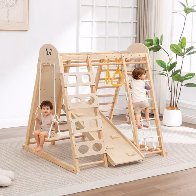GALACTICA 9-in-1 Wood Climbing Frame with Slide, Swing and Ladder in Brown
