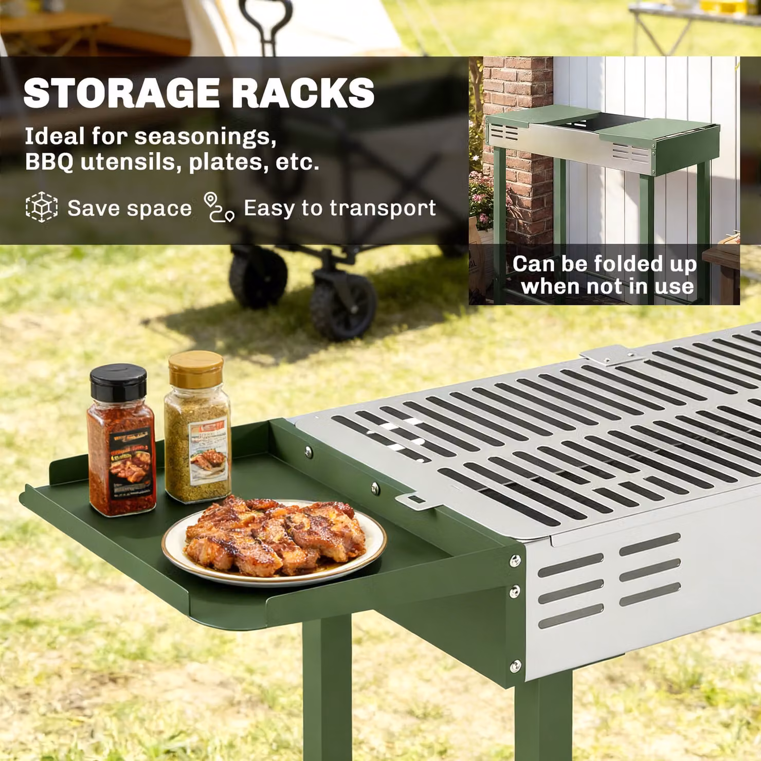 Outsunny Charcoal Rotisserie BBQ Grill with Stainless Steel Spit Roaster and Side Shelves, Dark Green, W/D/H: 118 x 90 x 90 cm – 6