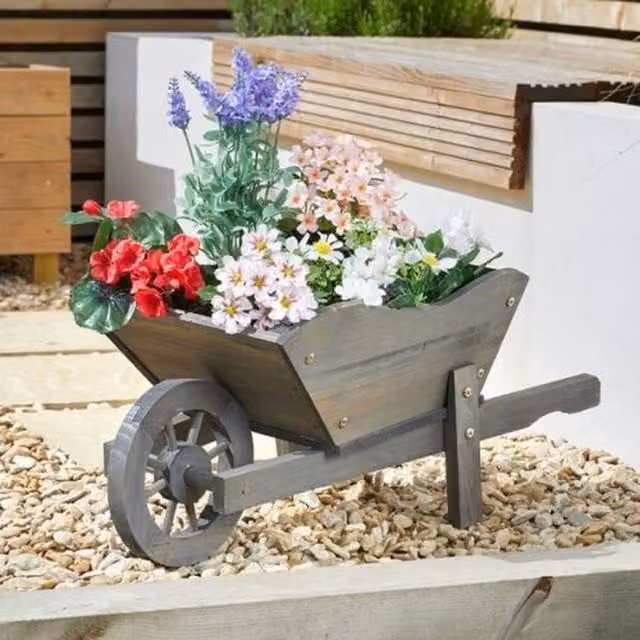 Garden Mile Wooden Wheelbarrow Flower Planter with Plastic Tub in Grey