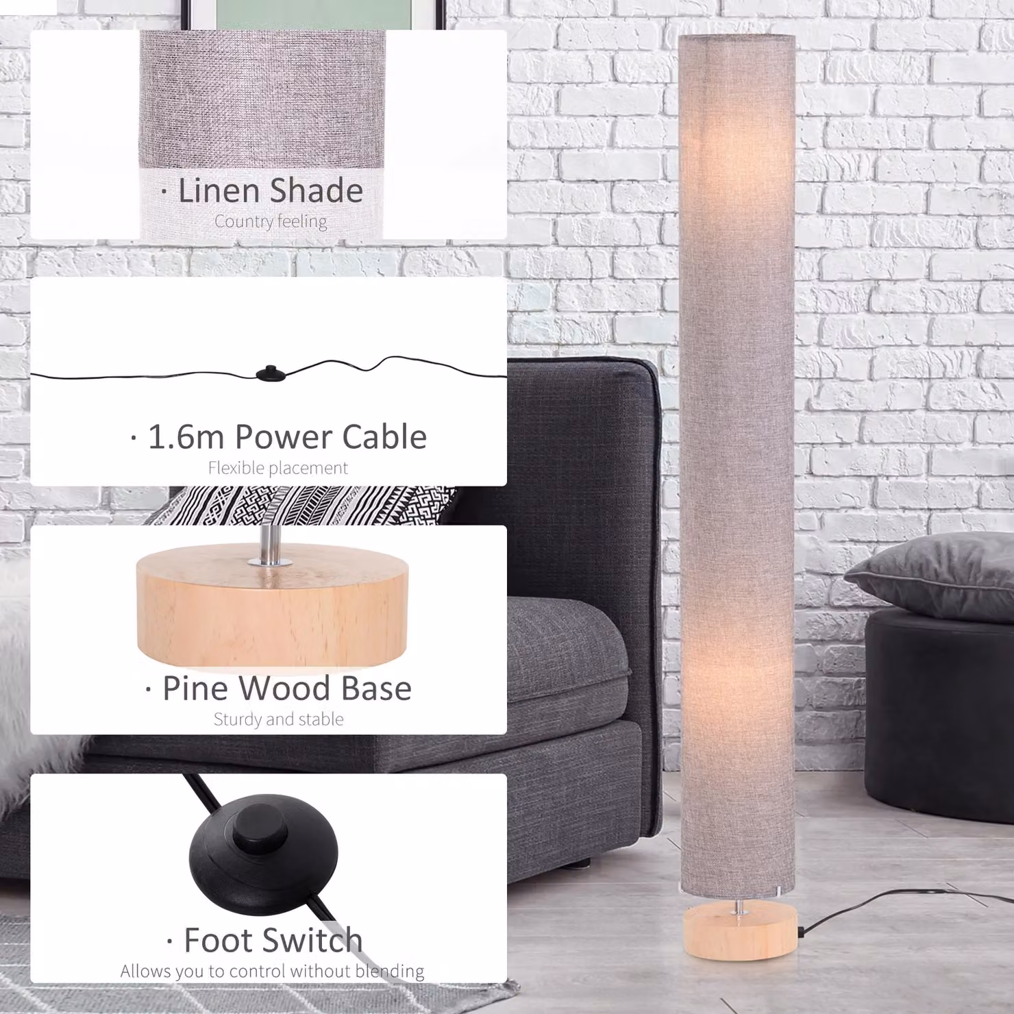 HOMCOM Modern Grey Floor Lamp with Fabric Cylinder Shade and Wood Accents, Height: 120 cm – 4