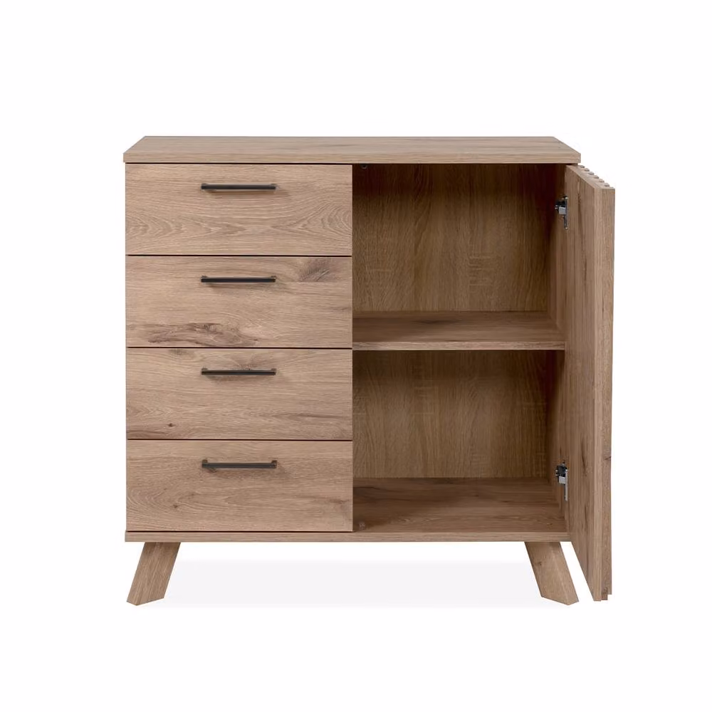 CALICOSY OPOLE Buffet Sideboard with 4 Drawers and 1 Door in Light Brown Oak Finish, W: 85 cm, H: 76 cm, D: 40 cm – 2
