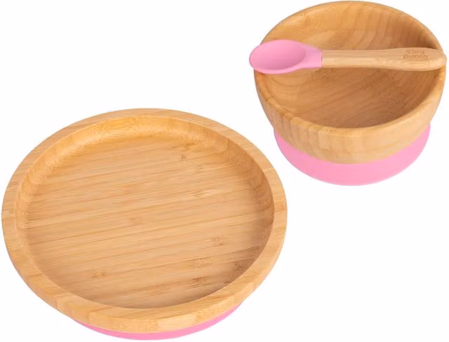 Tiny Dining 3-Piece Round Bamboo and Silicone Baby Weaning Set in Pink – 1