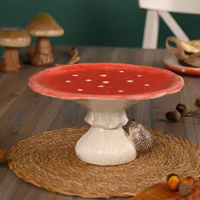 Country Living Autumn Harvest Toadstool and Hedgehog Ceramic Cake Stand in Red, White and Multicolour