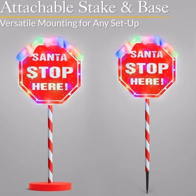 NESTLUNE Light Up Santa Stop Here Sign in Red with Multicolour LED Flashing Lights and Stake, W/H: 100 x 15 cm – 1