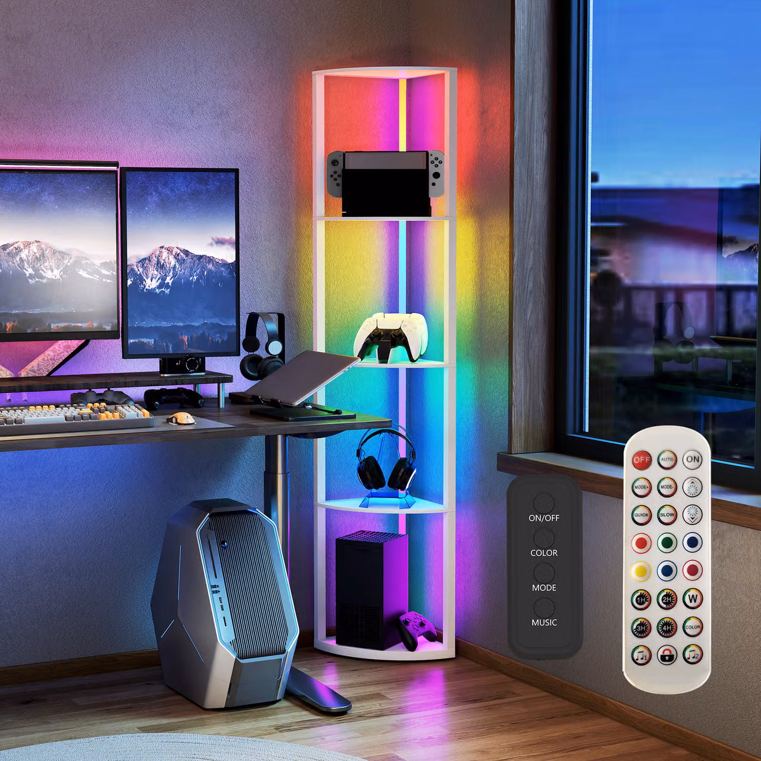 HOMCOM RGB LED Floor Lamp with 5-Tier Shelving, Dimmable Standing Lamp with Remote Control and Adjustable Brightness, Modern White Corner Display Unit for Living Room, Bedroom or Office – 5
